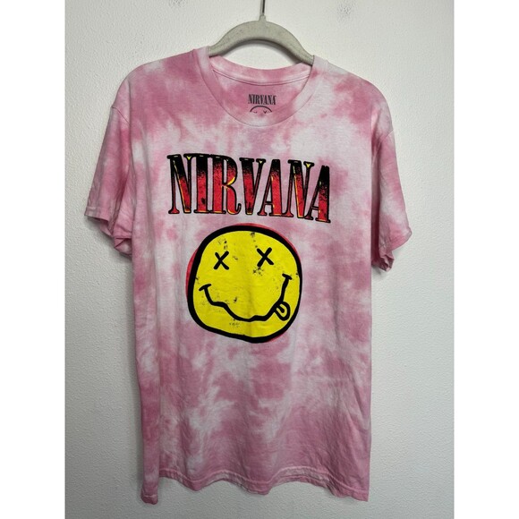 Nirvana Medium Tie Dye Graphic T-Shirt Pink Cotton Smiley Short Sleeve NWOT - Picture 1 of 6